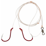 Fishing line with red hooks and a swivel on a white background