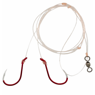 Fishing line with red hooks and a swivel on a white background