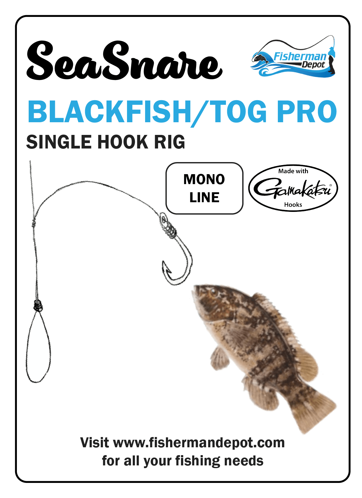 Blackfish Tautog 1 Hook High Rig for Saltwater - Size 3/0 BKK Bait Hook Black - 60lb Heavy Duty Mono, Dropper Loop - Hand Tied, Size: 5 Pack, Blue