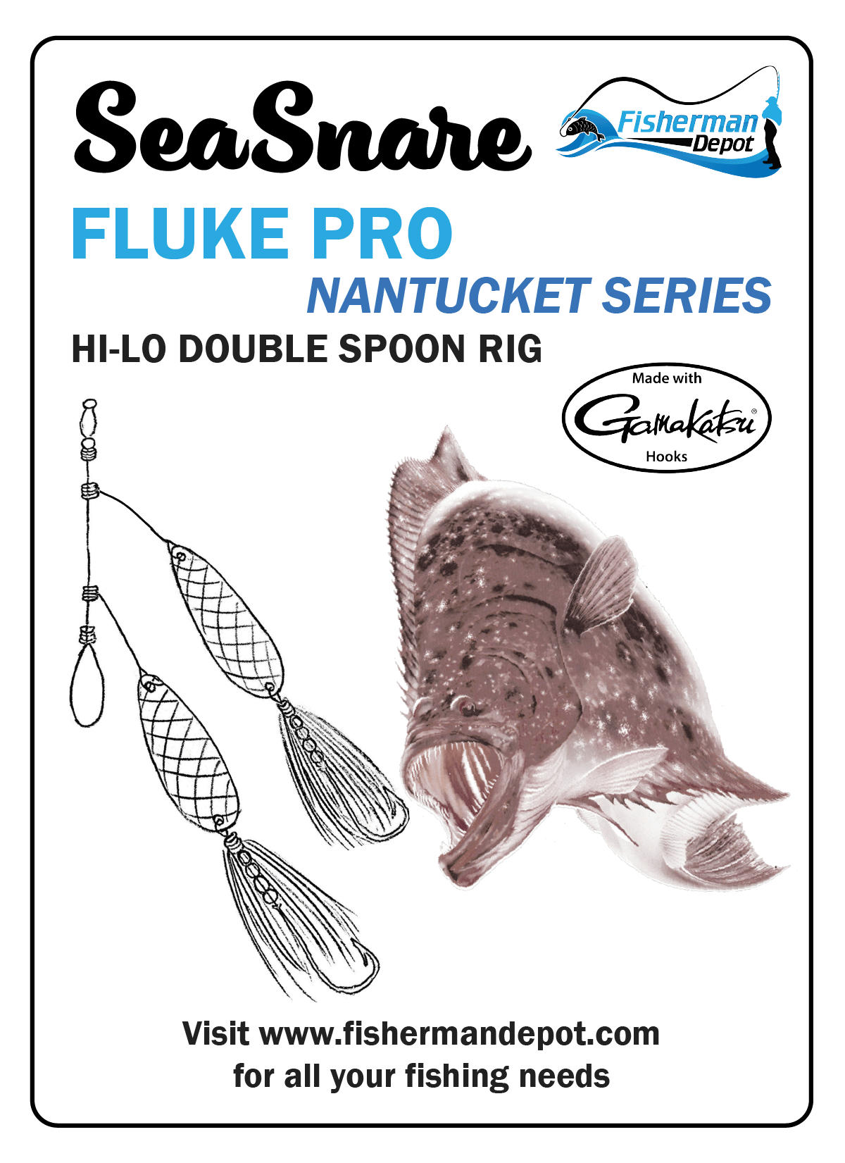 SeaSnare Fluke Pro - Original Hi-Lo Double Spoon Teaser Rig Nantucket Series Chrome / Pink Teaser / 7/0