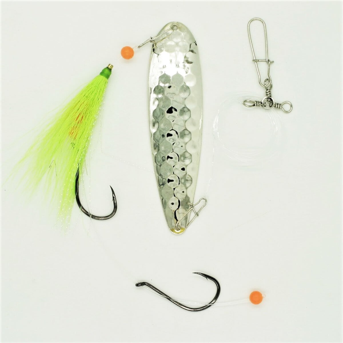SeaSnare Fluke Pro Original 3-Way Swivel Sliding Bottom Hook Spoon Rig Chrome / Chartreuse Teaser / 7/0 SeaSnare Fluke Pro Original 3-Way Swivel Sliding Bottom Hook Spoon Rig Chrome / Chartreuse Teaser / 7/0