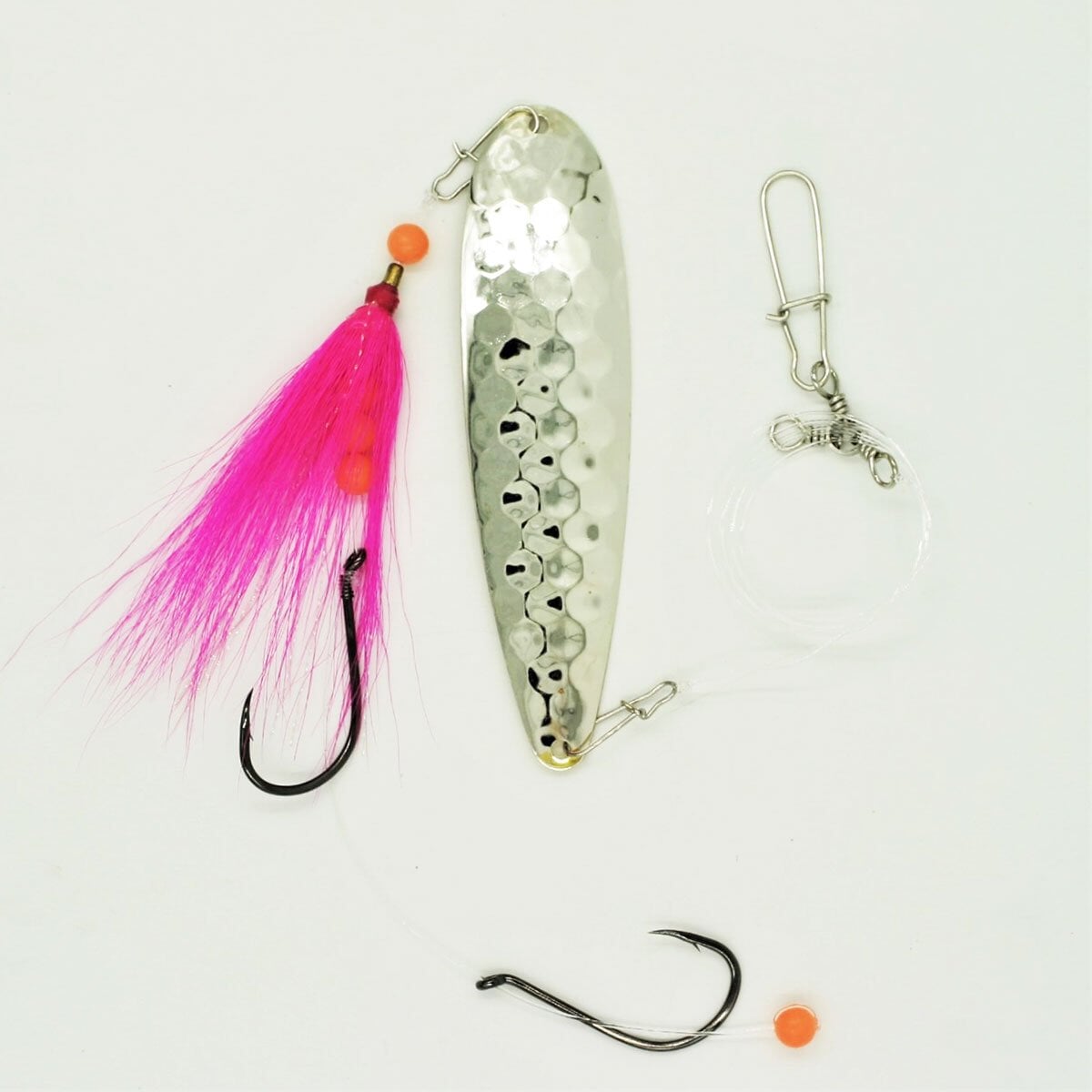 SeaSnare Fluke Pro Original 3-Way Swivel Sliding Bottom Hook Spoon Rig Chrome / Pink Teaser / 7/0 SeaSnare Fluke Pro Original 3-Way Swivel Sliding Bottom Hook Spoon Rig Chrome / Pink Teaser / 7/0