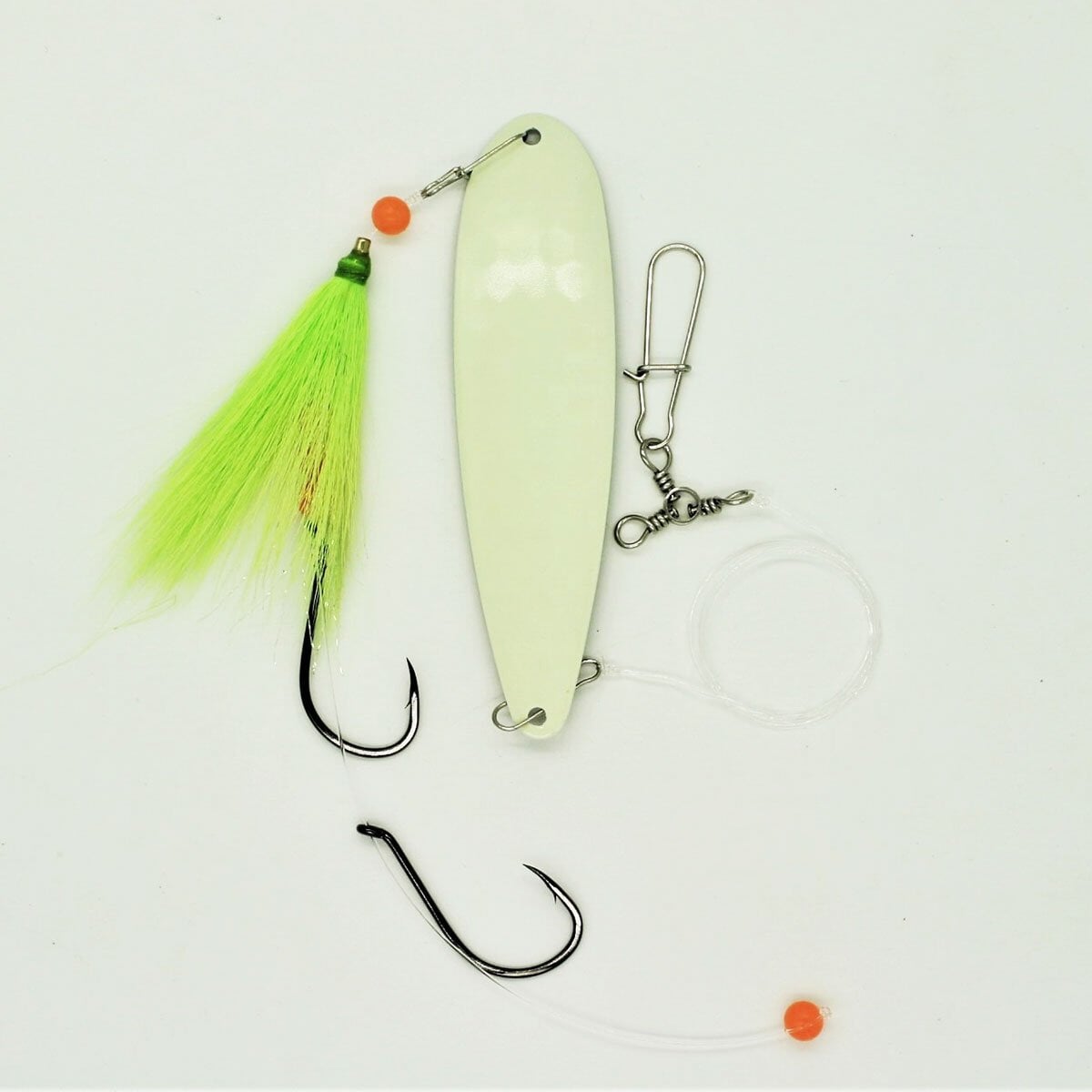 SeaSnare Fluke Pro - Original 3-Way Swivel Sliding Bottom Hook Spoon Rig Glow / Chartreuse Teaser / 7/0