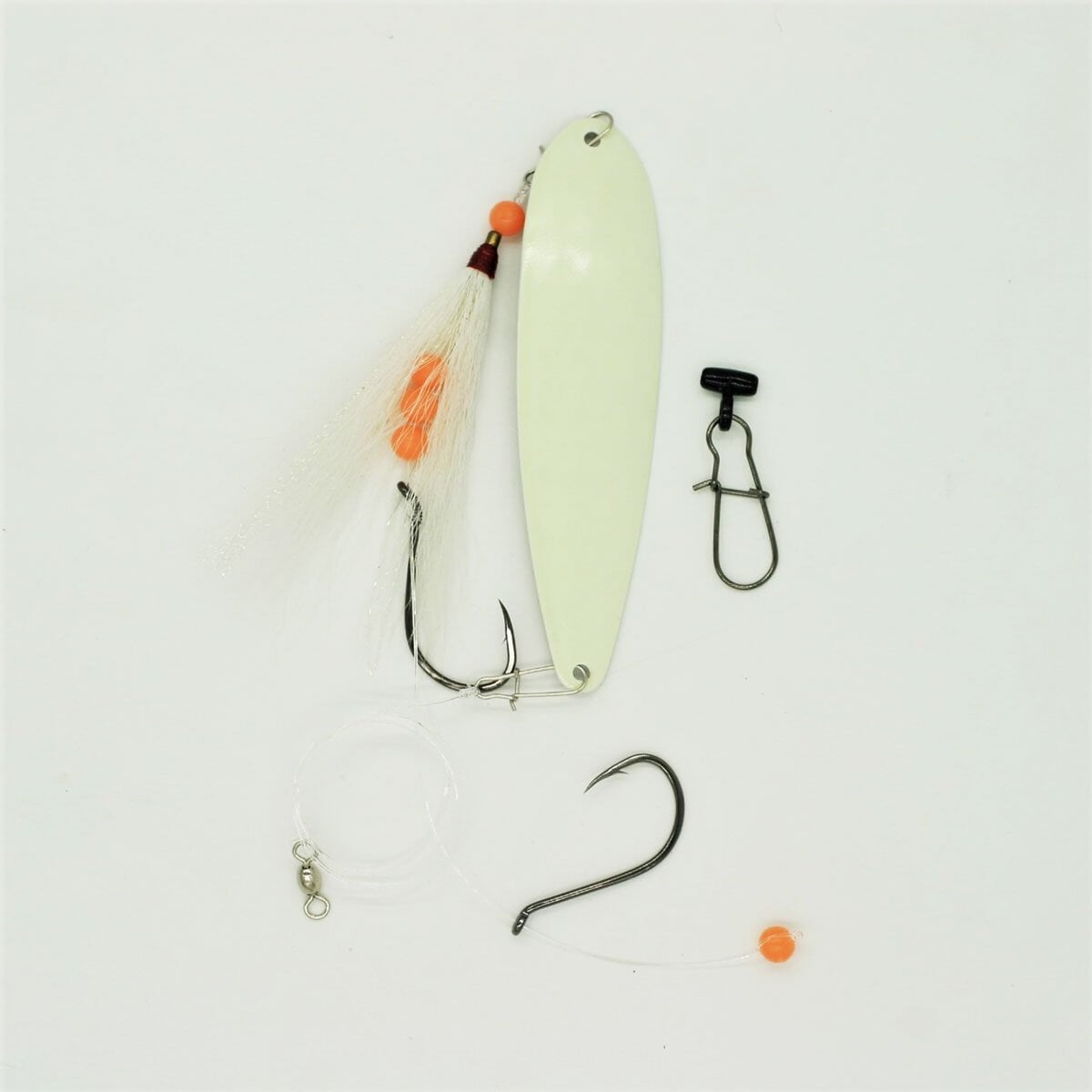 SeaSnare - Fluke Pro - Original Fish Finder Sliding Bottom Hook Spoon Rig Nantucket Series Glow / White Teaser / 6/0