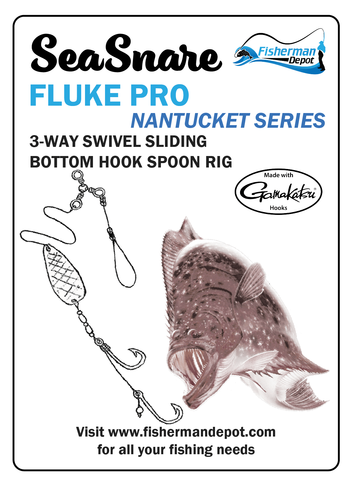 SeaSnare Fluke Pro - Original 3-Way Swivel Sliding Bottom Hook Spoon Rig Nantucket Series