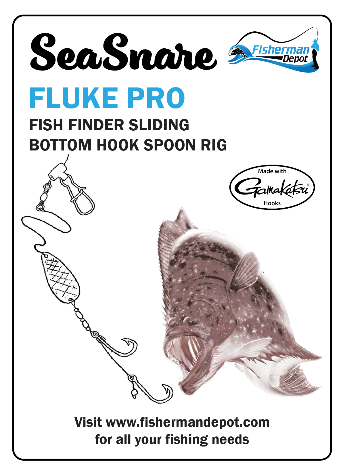 SeaSnare Fluke Pro - Original Fish Finder Sliding Bottom Hook Spoon Rig 5/0 / Glow / Chartreuse Teaser